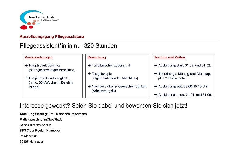 NEU – Kurzbildungsgang Pflegeassistenz